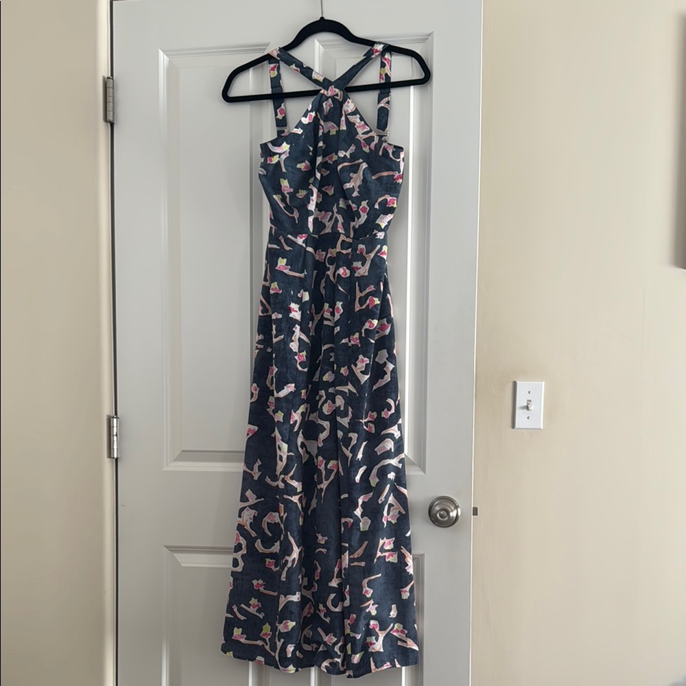 CAbi Blue and Multicolor Halter Maxi Sundress